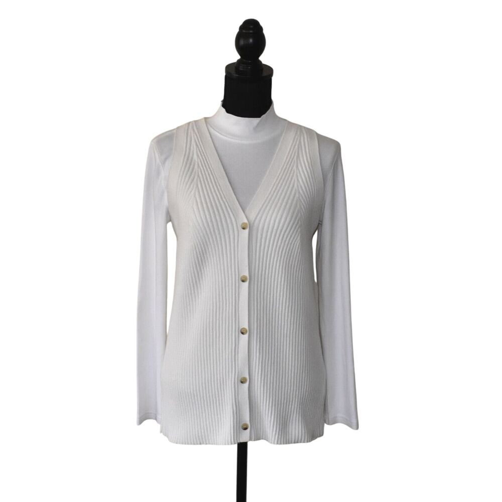 A6 Auth COS White Cotton Blend Ribknit Sleeveless V Neck Cardigan Sweater Size L